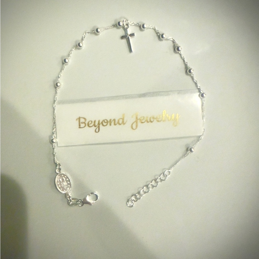 925 Sterling Silver Cross Bead Anklet Made in Italy 9"+1" Extension - Picture 2 of 4